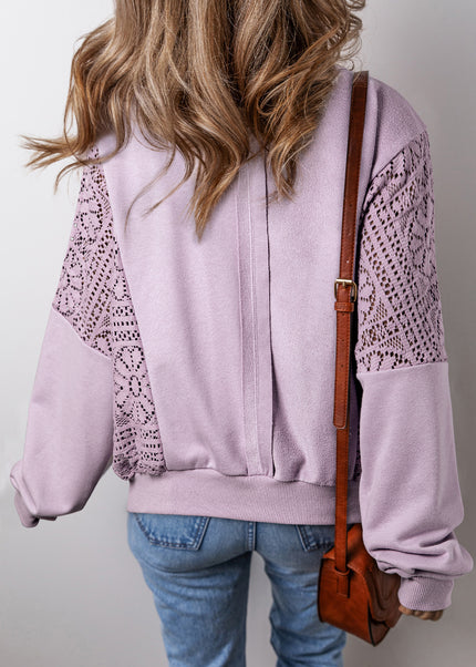 Parchment Knit Crochet Exposed Seam Ribbed Trim Sweatshirt