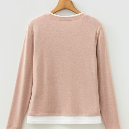 Smoke Gray False Two Piece Color Block Patchwork Long Sleeve Top