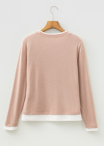 Smoke Gray False Two Piece Color Block Patchwork Long Sleeve Top