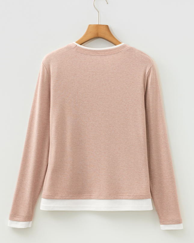 Smoke Gray False Two Piece Color Block Patchwork Long Sleeve Top