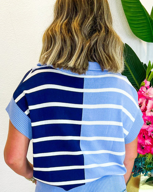 Black Stripe Colorblock Quarter Zip Collar Sweater Vest