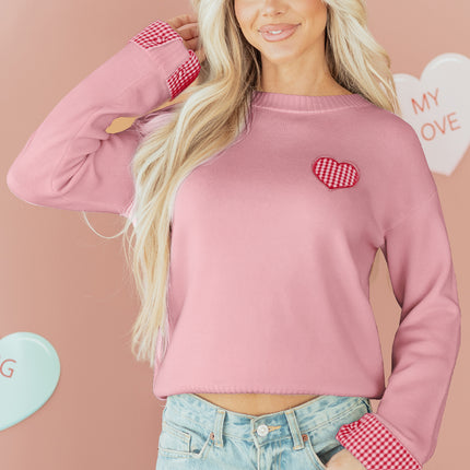 Light Pink Plaid Heart Embroidered Cuffed Drop Shoulder Crew Neck Sweater