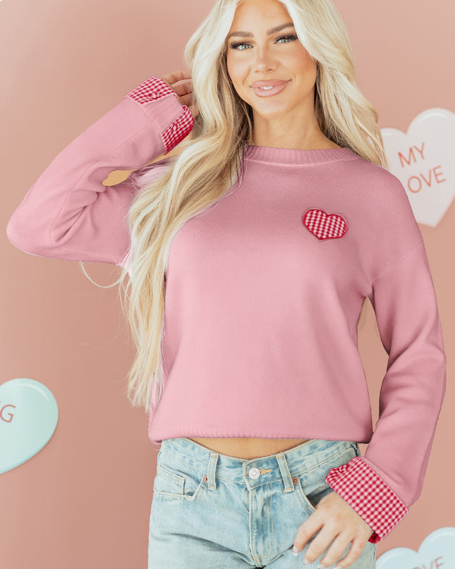 Light Pink Plaid Heart Embroidered Cuffed Drop Shoulder Crew Neck Sweater