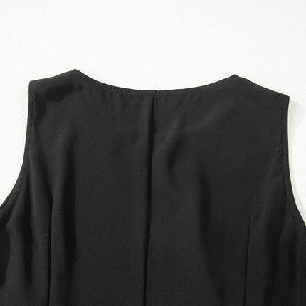 Black Solid Color Sleeveless Sheer Floral Lace Patchwork Long Dress