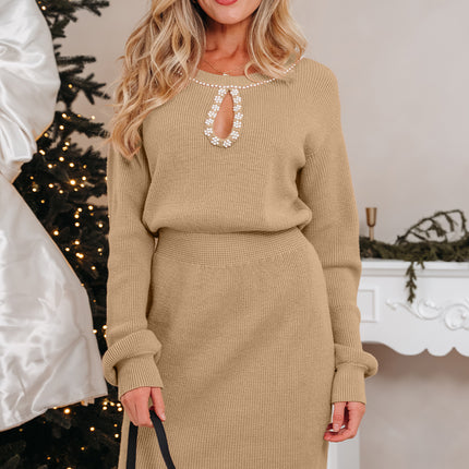 Smoke Gray Pearl Embellished Keyhole Ribbed Sweater Dress