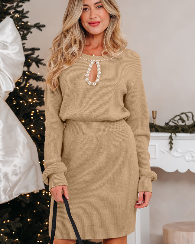 Smoke Gray Pearl Embellished Keyhole Ribbed Sweater Dress