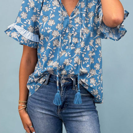 Blue Floral Print Button Tie Neck Striped Detail Short Sleeve Blouse