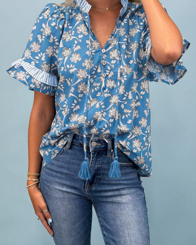 Blue Floral Print Button Tie Neck Striped Detail Short Sleeve Blouse