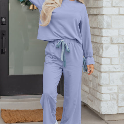 Beau Blue Flounce Long Sleeve Top Drawstring Pants Contrast Velvet Bow Knot 2pcs Lounge Set