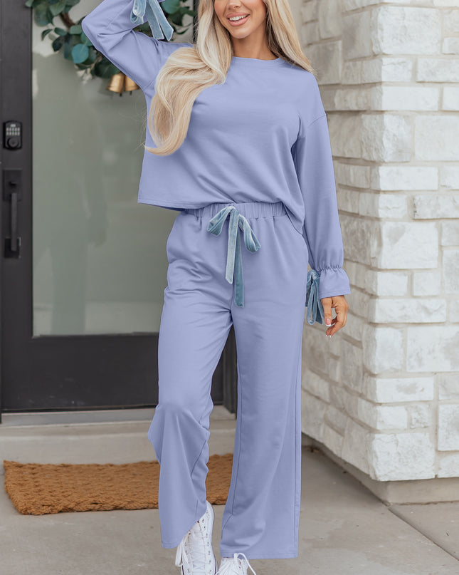 Beau Blue Flounce Long Sleeve Top Drawstring Pants Contrast Velvet Bow Knot 2pcs Lounge Set