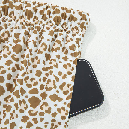 Brown Leopard Drawstring Elastic Waistband Loose Pants