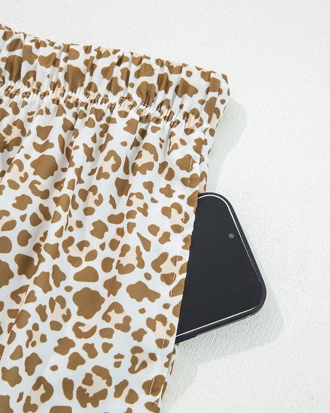 Brown Leopard Drawstring Elastic Waistband Loose Pants