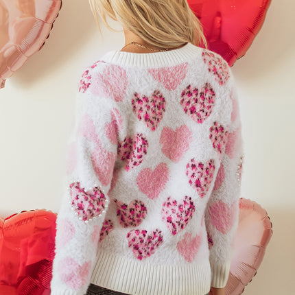 Pink Heart Leopard Print Pearled Ribbed Trim Fuzzy Sweater