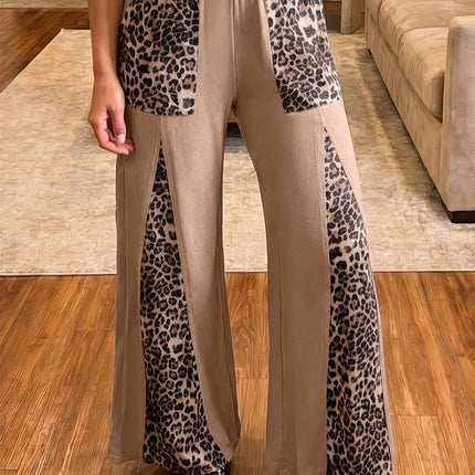 Straw Yellow Leopard Patchwork Wide Leg Pants