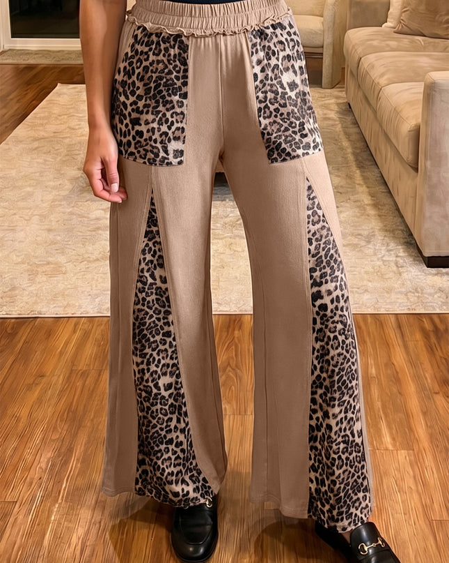 Straw Yellow Leopard Patchwork Wide Leg Pants