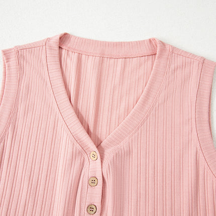 Gossamer Pink Ribbed Button V Neck Tank Top and Shorts Set