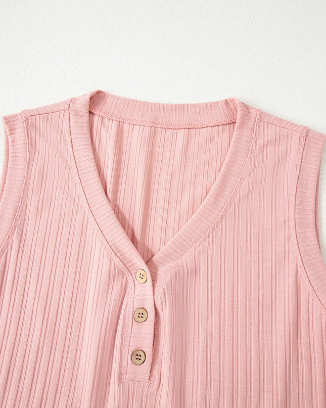 Gossamer Pink Ribbed Button V Neck Tank Top and Shorts Set