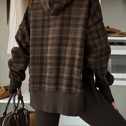 Beige Plaid Patchwork Side Slit Sweatshirt