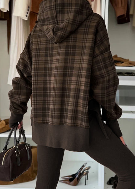 Beige Plaid Patchwork Side Slit Sweatshirt