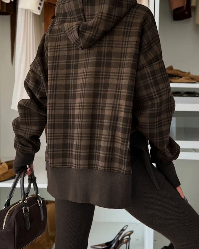 Beige Plaid Patchwork Side Slit Sweatshirt