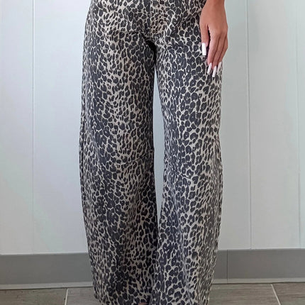 Black Leopard Print High Waist Barrel Jeans