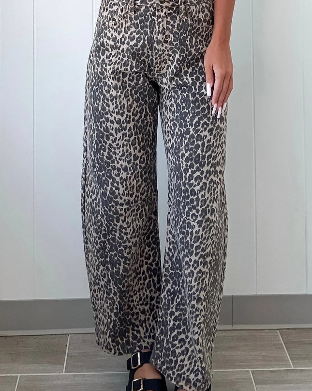 Black Leopard Print High Waist Barrel Jeans