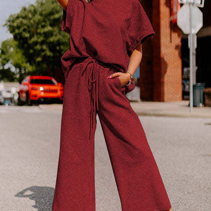 Black Textured Loose Fit T Shirt and Drawstring Pants Set