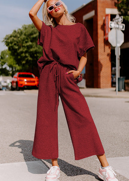 Black Textured Loose Fit T Shirt and Drawstring Pants Set