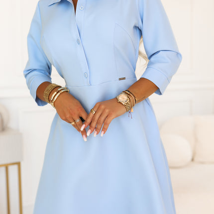 Sky Blue Shirt-Style Flared Dress with Belt – Sandy