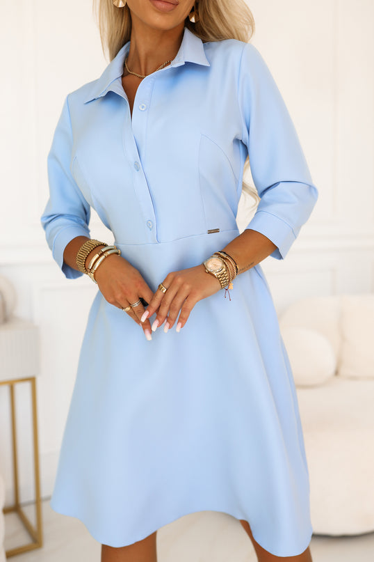 Sky Blue Shirt-Style Flared Dress with Belt – Sandy