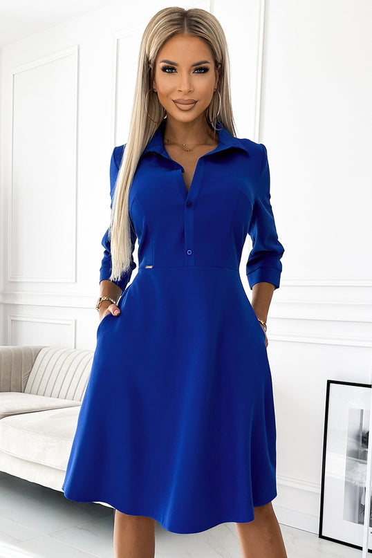 Blue Flared Shirt Dress with Belt – Sandy