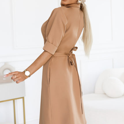 Mocha Mousse Flared Shirt Dress with Belt – Sandy