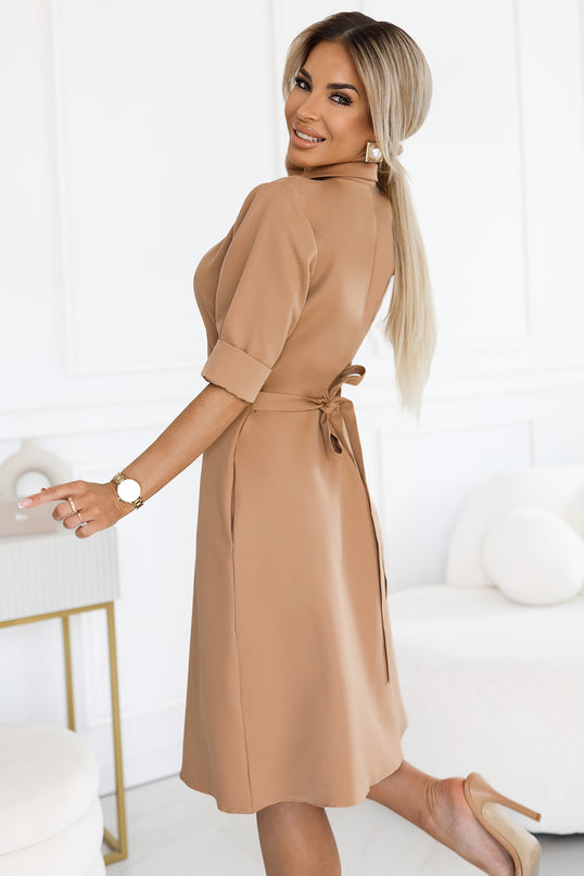 Mocha Mousse Flared Shirt Dress with Belt – Sandy