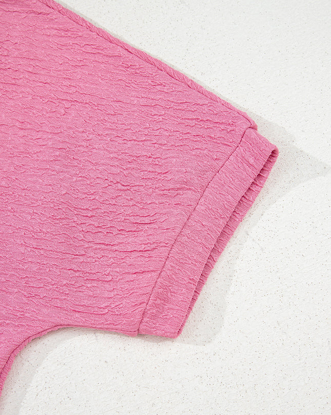 Pink Textured V Neck T Shirt and Shorts Set