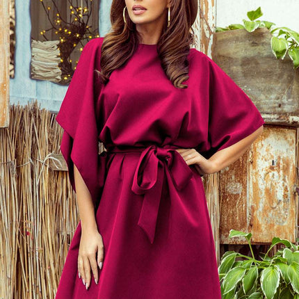 287-18 SOFIA Butterfly dress with a binding at the waist - Burgundy color