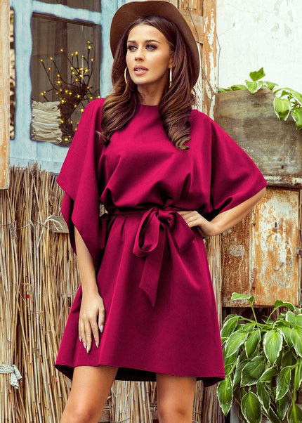 287-18 SOFIA Butterfly dress with a binding at the waist - Burgundy color