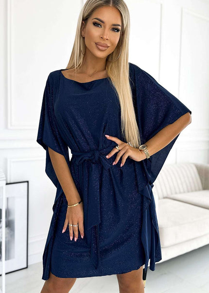 287-25 SOFIA Butterfly dress with a binding at the waist - navy blue with glitter