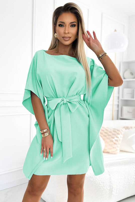 Mint Dress with Butterfly Print and Waist Tie – Sofia