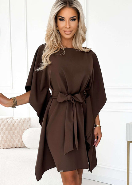 287-33 SOFIA Butterfly dress with a binding at the waist - chocolate color