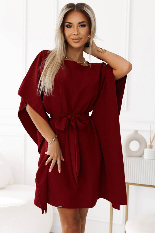 Burgundy Dress with Waist Binding – Sofia Butterfly