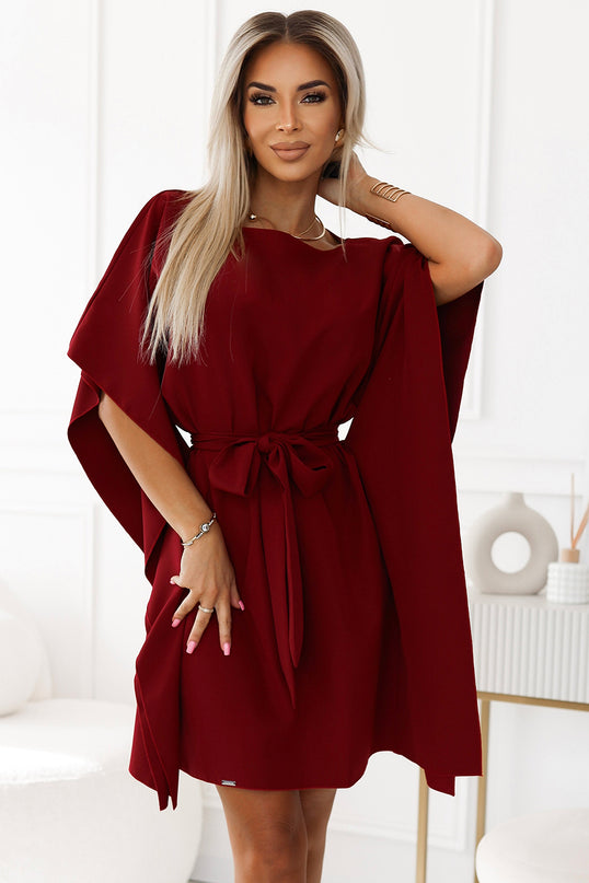287-34 SOFIA Butterfly dress with a binding at the waist - Burgundy color