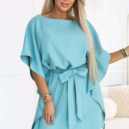287-40 SOFIA Butterfly Dress with Waist Tie - Pastel Turquoise