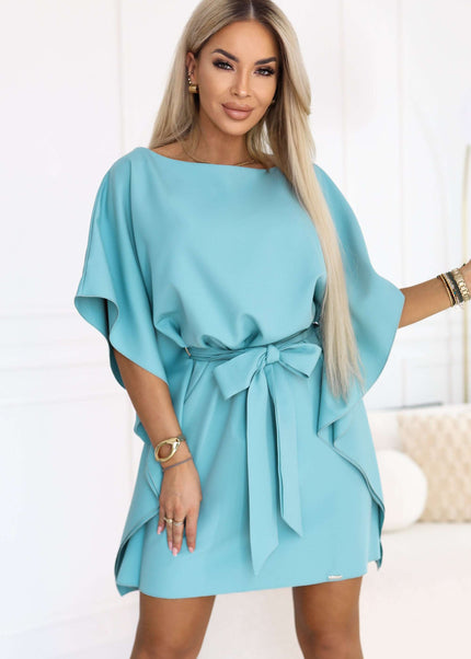 287-40 SOFIA Butterfly Dress with Waist Tie - Pastel Turquoise