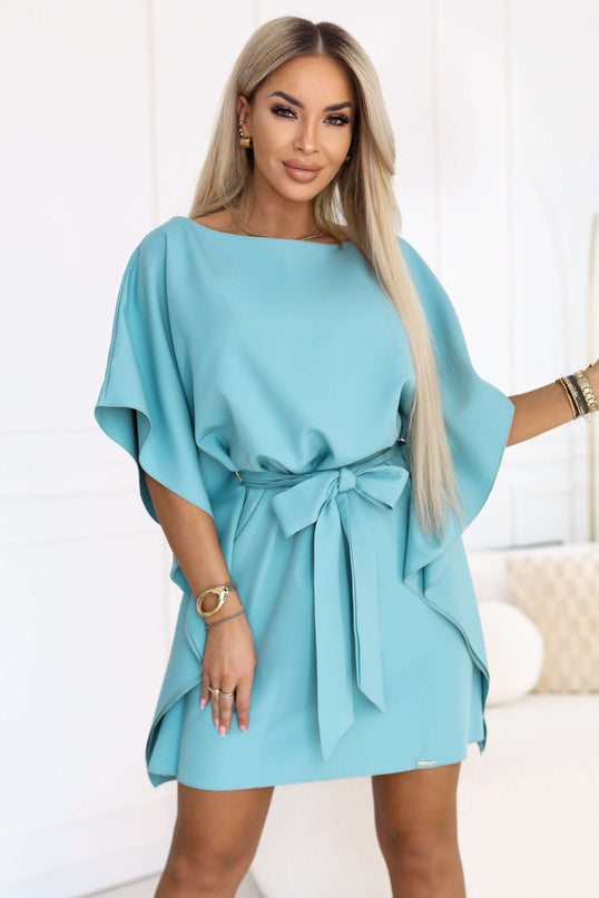 287-40 SOFIA Butterfly Dress with Waist Tie - Pastel Turquoise