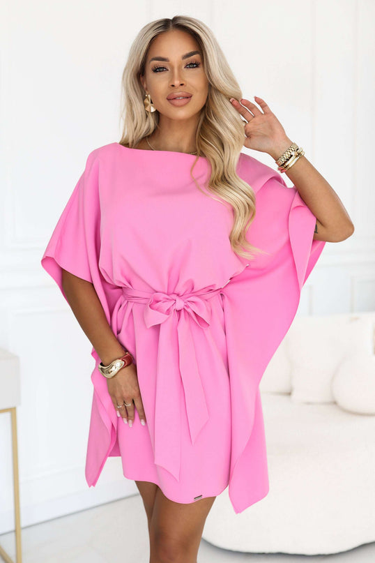 287-44 SOFIA Pink butterfly dress with a waist tie - candy pink