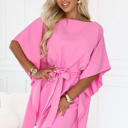 287-44 SOFIA Pink butterfly dress with a waist tie - candy pink
