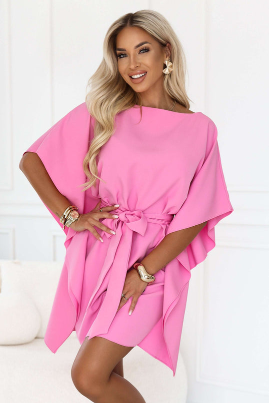 287-44 SOFIA Pink butterfly dress with a waist tie - candy pink