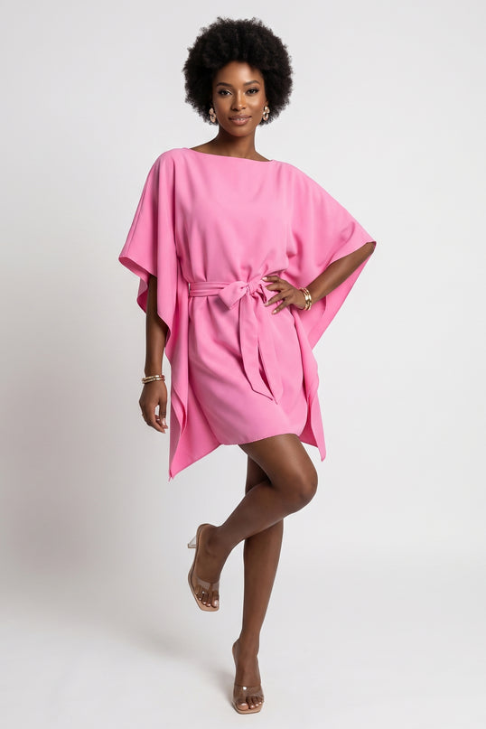 287-44 SOFIA Pink butterfly dress with a waist tie - candy pink