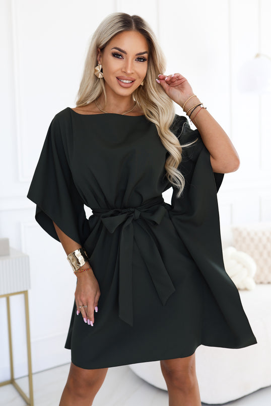 Dark Khaki Dress with Waist Tie – Sofia