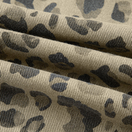 Khaki Retro Leopard Print Seam Detail Button Down Denim Jacket